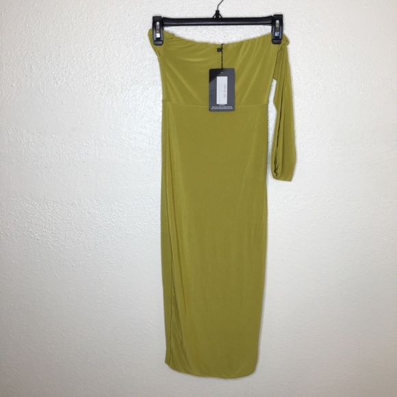 NWT PrettyLittleThing Shape Chartreuse Slinky One Shoulder Wrap Midi Dress 2 - Picture 5 of 6